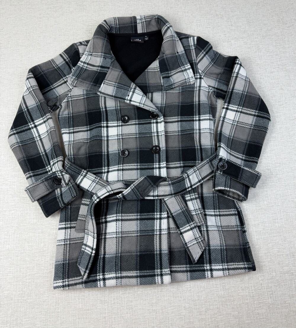 Ike Behar Plaid Fleece Peacoat Jacket Women’s Medium Gray Black Belted